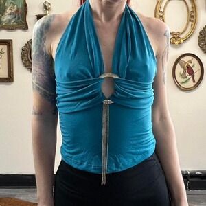 Vintage Y2K Teal Halter Ring Detail sexy clubwear Stretch Top